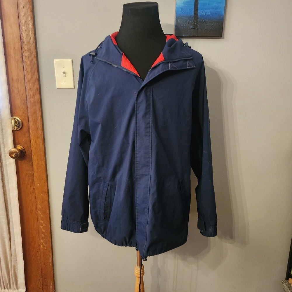 Black Ice Mens Hood Windbreaker Jacket Size Large Dark Blue Red Lining Full Zip